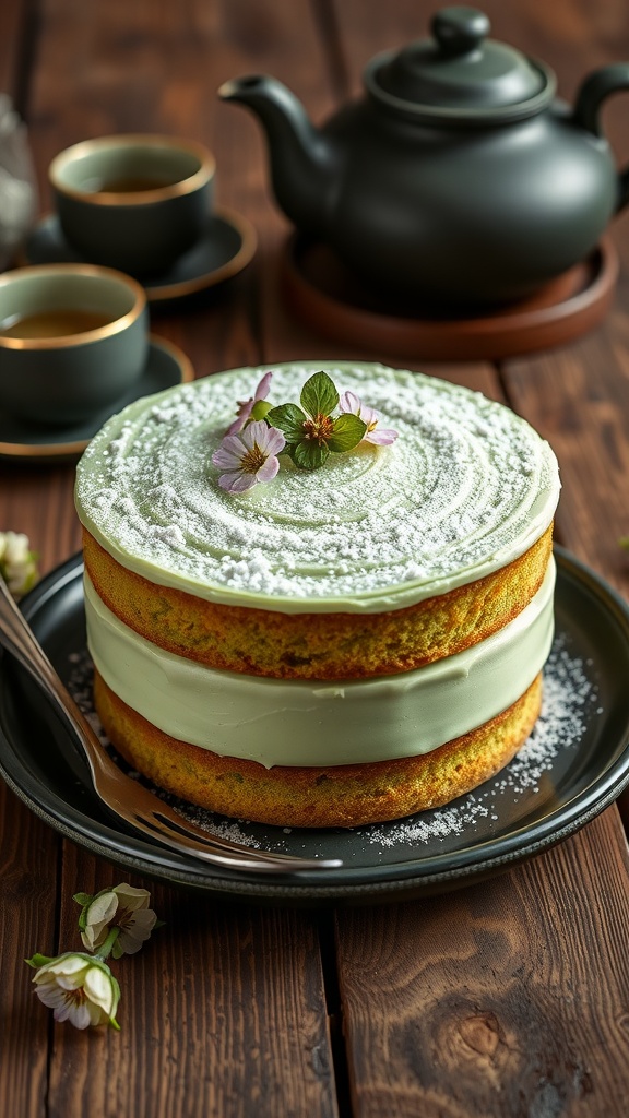 A matcha green tea cake layered and frosted with powdered sugar and garnished with edible flowers, set on a rustic wooden table.